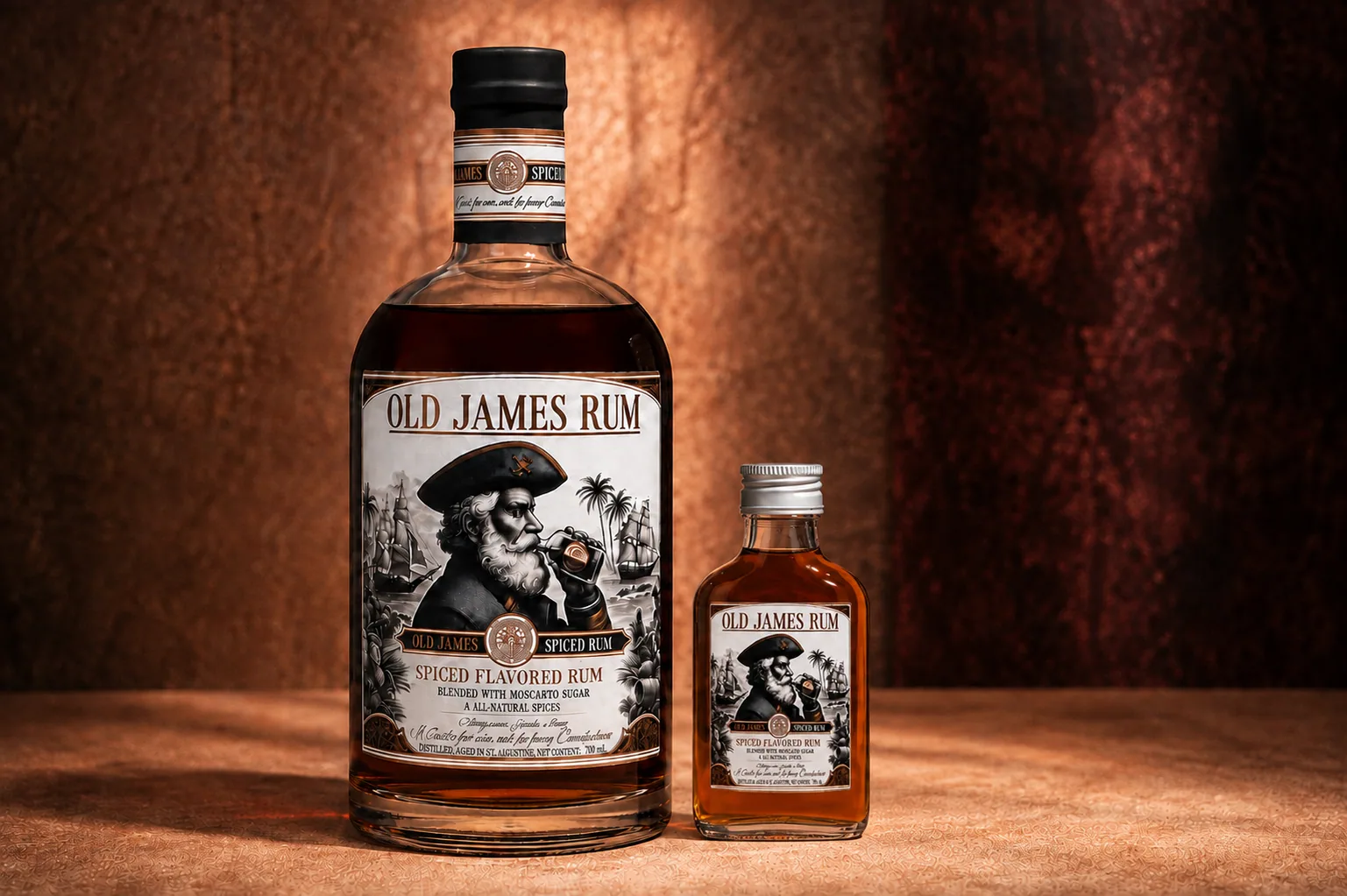 Old James Rum 700 ml and 100 ml bottles shown in their real proportion